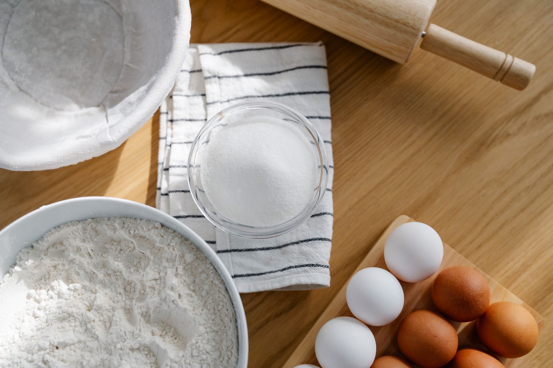 close up shot of baking ingredients on wooden surface